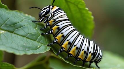 Fototapeta premium Striking Monarch Caterpillar on Vibrant Green Leaf