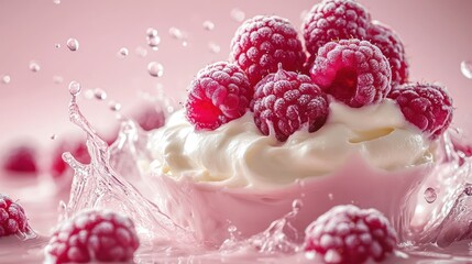 Fresh blueberries are surrounded by an energetic splash of creamy white liquid, captured in motion against a rich, vibrant violet backdrop