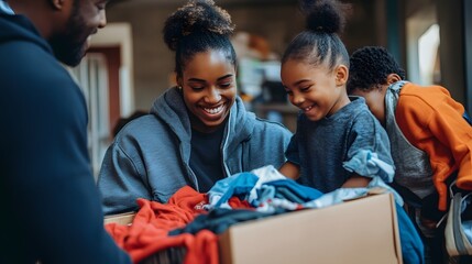 Fototapeta premium Happy Family Donating Clothes To Charity