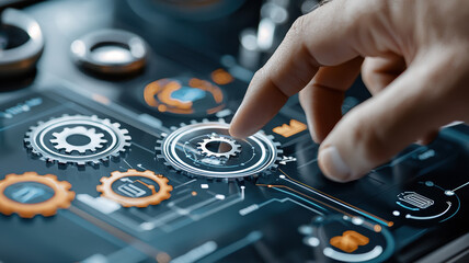 Obraz premium Hand touching digital interface with gears and futuristic design, showcasing technology and innovation