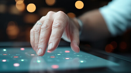 hand interacting with holographic display technology, showcasing vibrant lights and touch sensitive features