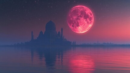 Naklejka premium Enchanted Castle Under a Crimson Moon at Night