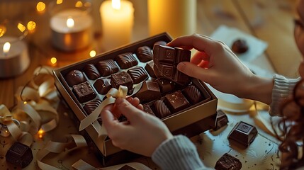A romantic scene of a couple sharing a box of gourmet chocolates by candlelight, with soft focus on the luxurious packaging and delicate ribbon.