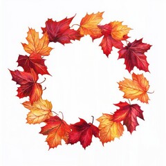 Obraz premium Autumn maple leaf wreath, white background, fall design, seasonal greeting.
