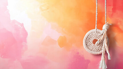 handmade macrame rope decoration hangs against vibrant gradient background blending bold orange and soft pink hues, evoking warm and artistic ambiance
