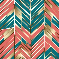 Gold geometric pattern with teal and coral chevron stripes