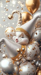 Jester Mask Amidst Sparkling Balloons: A Festive, Glamorous Scene