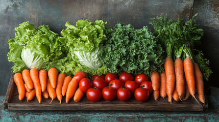 A variety of fresh vegetables, including carrots, tomatoes, lettuce arranged on a wooden table.