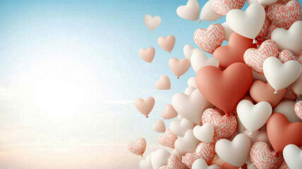 Heart shaped balloons float in pastel sky, creating dreamy atmosphere filled with love and joy