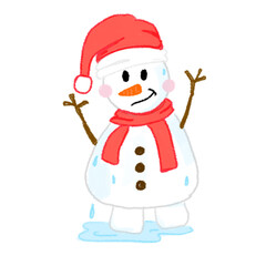 Melting snowman with legs and arms with scarf and Santa's hat