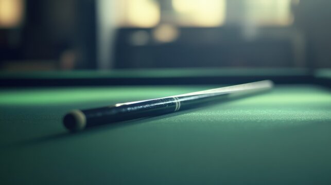 A clean and detailed shot of a pool cue resting on the edge of a green billiard table, ready for the next game