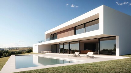 Fototapeta premium Modern Minimalist House with Swimming Pool and Countryside View