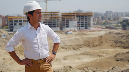  business man wearing white shirt, brown pants with belt and safety helmet with safety boots, with his arms bent and hands resting on their hips looking at his friend in the rig