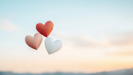 Floating heart shaped balloons in serene evening sky create romantic atmosphere