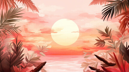 serene tropical sunset with warm hues blending into ocean, framed by lush palm leaves and vibrant foliage, creating tranquil and dreamy atmosphere