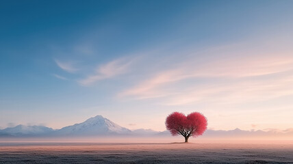 Obraz premium heart shaped tree stands in serene field, glowing under romantic sky with mountains in background