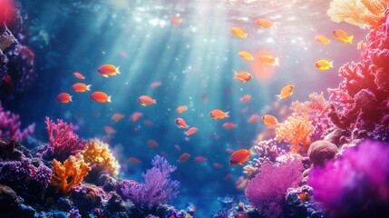 Fototapeta premium Vibrant Coral Reef Ecosystem: A breathtaking underwater scene teeming with colorful fish and diverse coral formations, illuminated by sunlight.