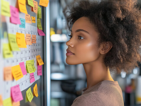 A woman looking at her calendar and planner on the refrigerator, with colorful sticky notes attached to each date or task. The focus is on her face.