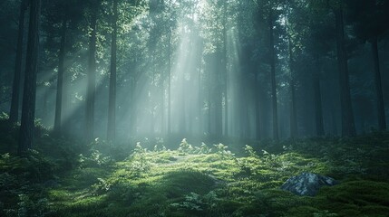 Obraz premium Sunbeams Through Foggy Forest: Enchanting Morning Light in a Mystical Woodland