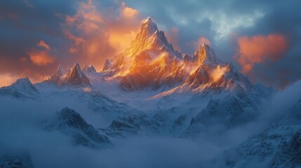 Obraz premium Majestic snow capped mountain peak at sunrise