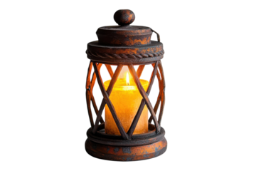 Vintage lantern with candle glowing warmly in rustic setting for cozy evening atmosphere