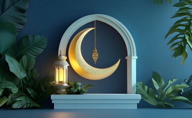 3D render of a minimalistic podium with a lantern and green leaves, a golden crescent moon for Eid Mubarak against a dark blue background.