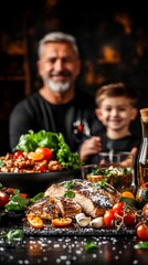 Obraz premium Warm lighting illuminates delicious roasted meat family dinner. AI Generated