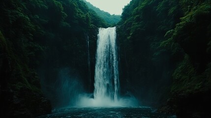 Naklejka premium Majestic Waterfall Cascading Down Lush Green Cliffs