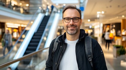 Obraz premium Smiling man with backpack in shopping mall.
