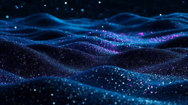 Abstract dark blue wavy landscape with glowing particles.