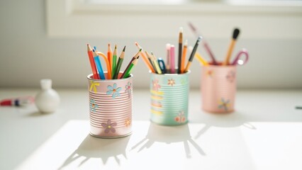 Recycled cans turned into pastel pencil holders on a modern desk. Vibrant stationery adds charm to this creative upcycling idea for Canned Food Month.