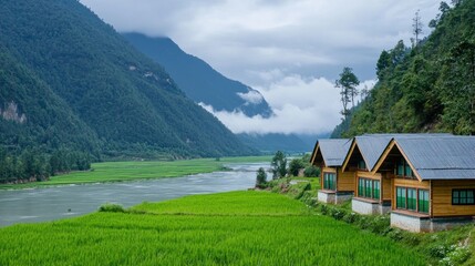 Fototapeta premium Serene Mountain Valley Houses