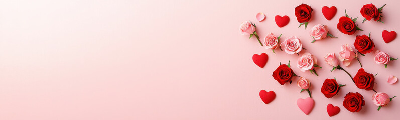 Red and pink roses with heart shapes on soft pink background, creating romantic and elegant design