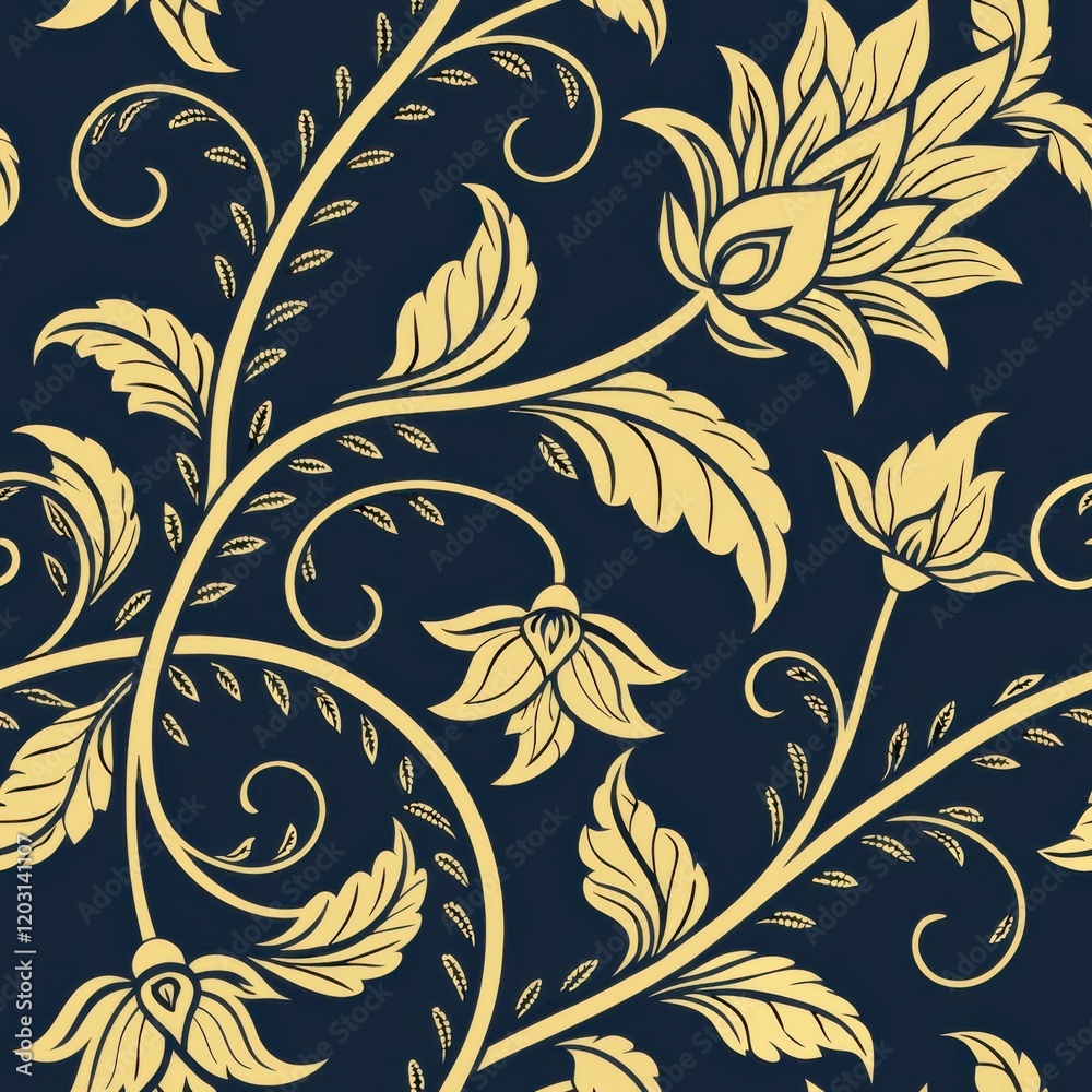 Wall mural A dark background features intricate gold floral patterns, showcasing elegant leaves and blossoms in a decorative design.