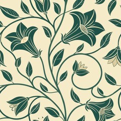 A decorative floral pattern featuring green flowers and leaves on a soft beige background, creating an elegant and vintage aesthetic.