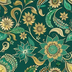 A vibrant floral pattern featuring intricate gold designs on a rich teal background, perfect for textiles and decorative art.
