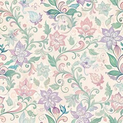 A delicate floral pattern with pastel colors and intricate designs, perfect for wallpaper or fabric use.