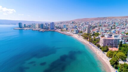Fototapeta premium Coastal Cityscape and Beach Aerial View