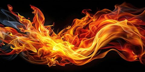 Abstract Fire Flames on Black Background - Captivating Visuals of Dynamic Orange and Yellow Flames Dancing Against a Dark Canvas for Artistic and Creative Projects