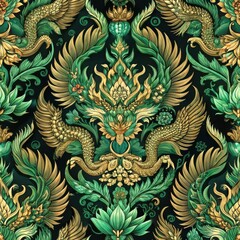 Obraz premium A vibrant, intricate pattern featuring mythical creatures, lush foliage, and golden accents, creating a rich and decorative design.