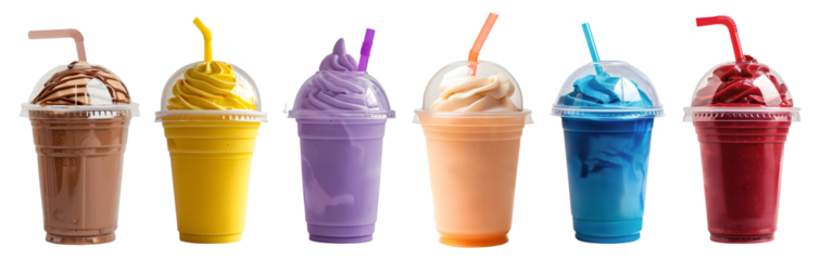 Milkshake Smoothie Ice Blended in dome lid plastic disposable transparent cup on transparent background cutout, PNG file. Many assorted different flavour Mockup template for design	
