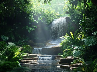 Serene Waterfall in Lush Tropical Paradise: A Tranquil Scene