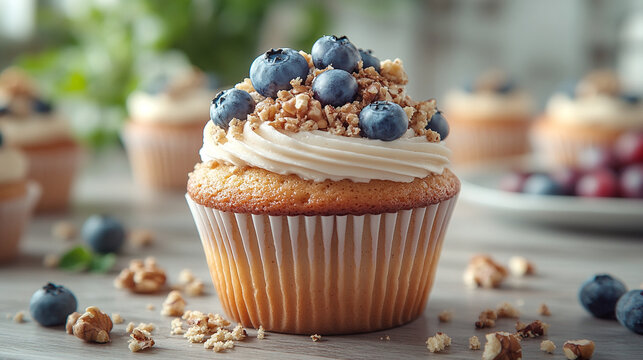 Delicious freshly baked blueberry muffins adorned with fresh blueberries