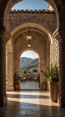 Fototapeta premium Mediterranean Archway with Rustic Stone Walls and Elegant Dining Area