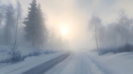 Obraz premium foggy road winter in forest, sun peaking through mist