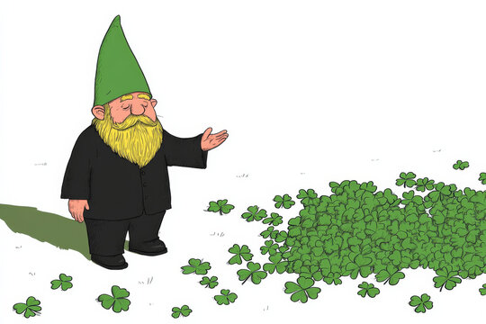 cheerful gnome in green hat stands beside pile of clovers, celebrating nature
