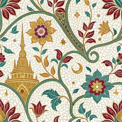 A colorful floral pattern featuring intricate designs, including a golden spire and various flowers, set against a light background.