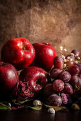 Still life with apples and grapes
