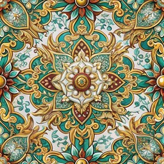 A vibrant, intricate floral pattern featuring gold and teal elements, creating a visually striking design with ornate details.