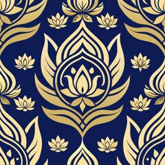 A decorative pattern featuring elegant gold lotus flowers on a deep navy background, embodying sophistication and tranquility.